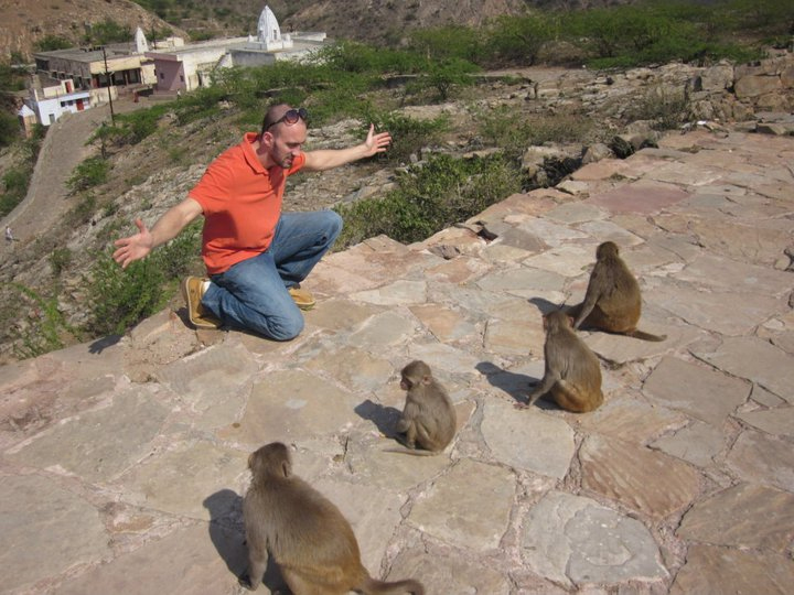 Steve talking to monkies in India